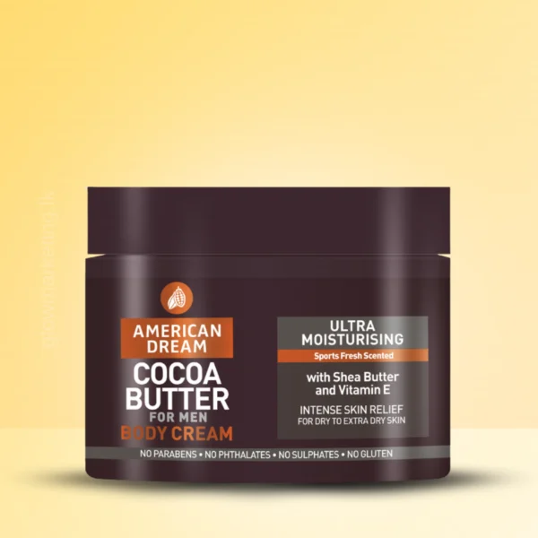 American Dream Cocoa Butter Mens – Hydrating body cream with Cocoa Butter, Shea Butter, and Vitamin E for men’s dry skin.