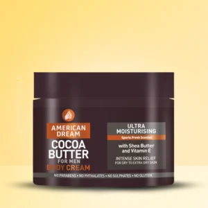American Dream Cocoa Butter Mens – Hydrating body cream with Cocoa Butter, Shea Butter, and Vitamin E for men’s dry skin.