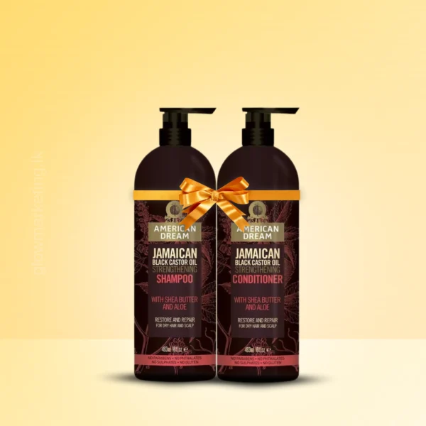 American Dream Shampoo and Conditioner with Jamaican Black Castor Oil – nourishing hair care duo for smooth, strong, and shiny hair.