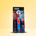 Oral-B Pro Kids Electric Toothbrush Spider-Man Edition for children aged 3+, featuring gentle cleaning and fun design.