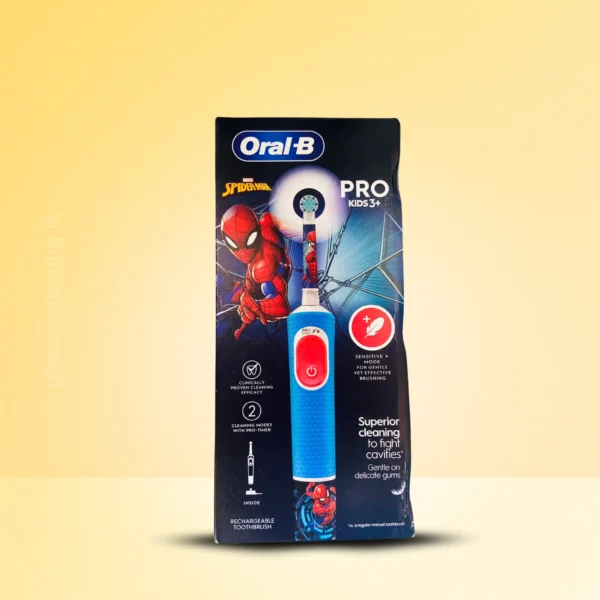 Oral-B Pro Kids Electric Toothbrush Spider-Man Edition for children aged 3+, featuring gentle cleaning and fun design.
