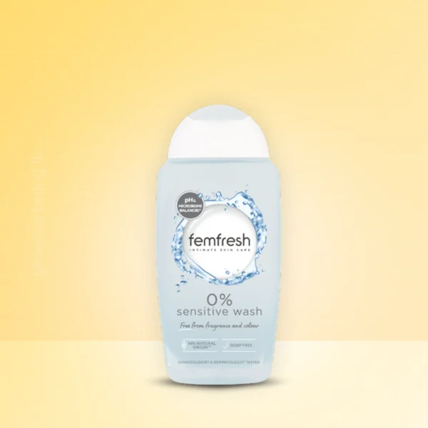 Femfresh Sensitive Wash 0% bottle – gentle, pH-balanced intimate cleanser for sensitive skin with Lotus Flower extract, soap- and fragrance-free