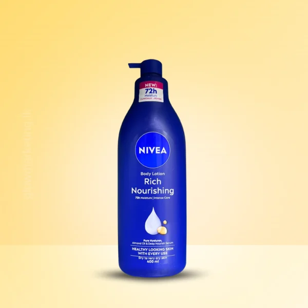 NIVEA Body Lotion for Dry Skin 400ml bottle with Almond Oil and Hyaluron providing 72-hour deep nourishment.