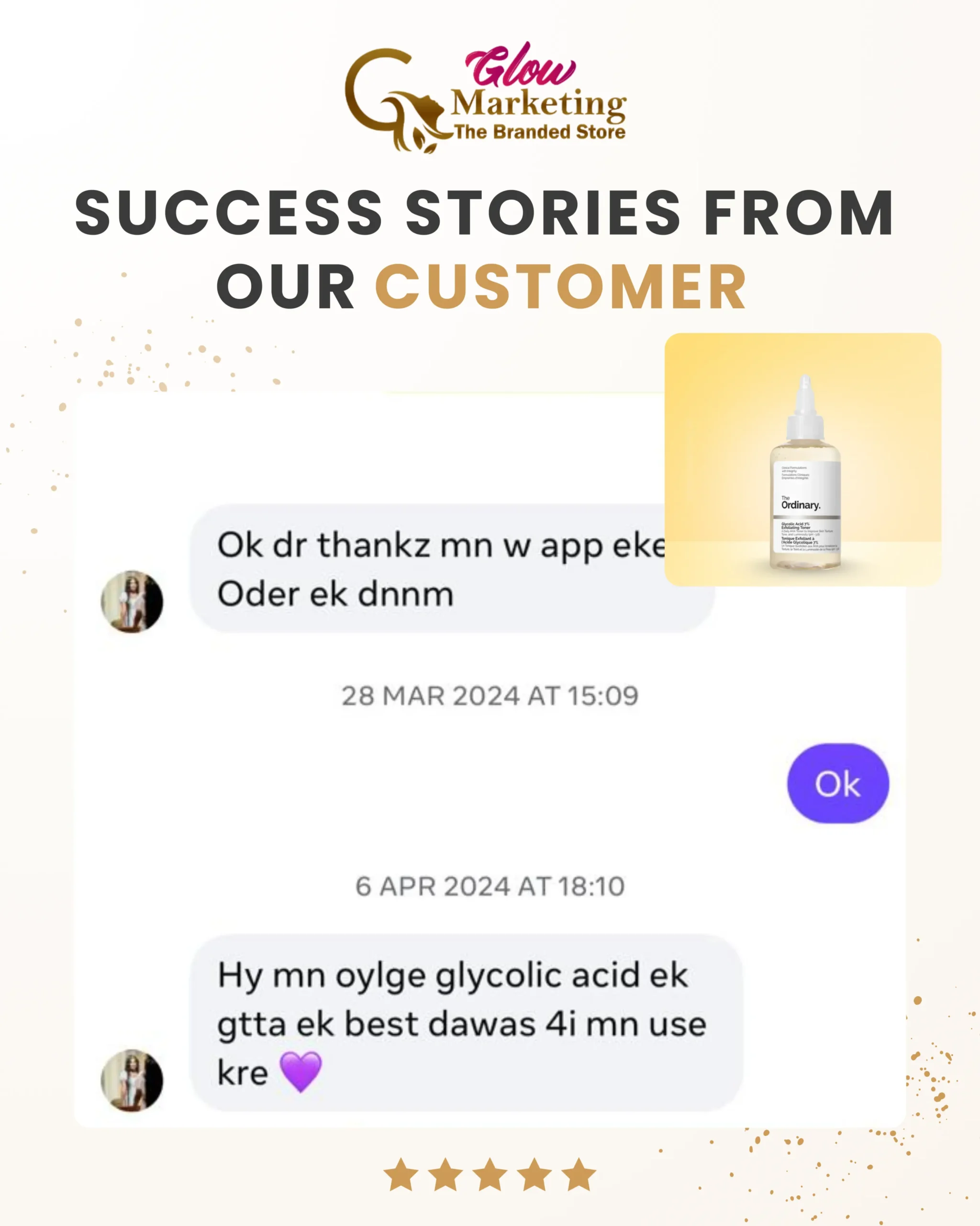 Careers Happy customer showing skin improvement after using The Ordinary Glycolic Acid